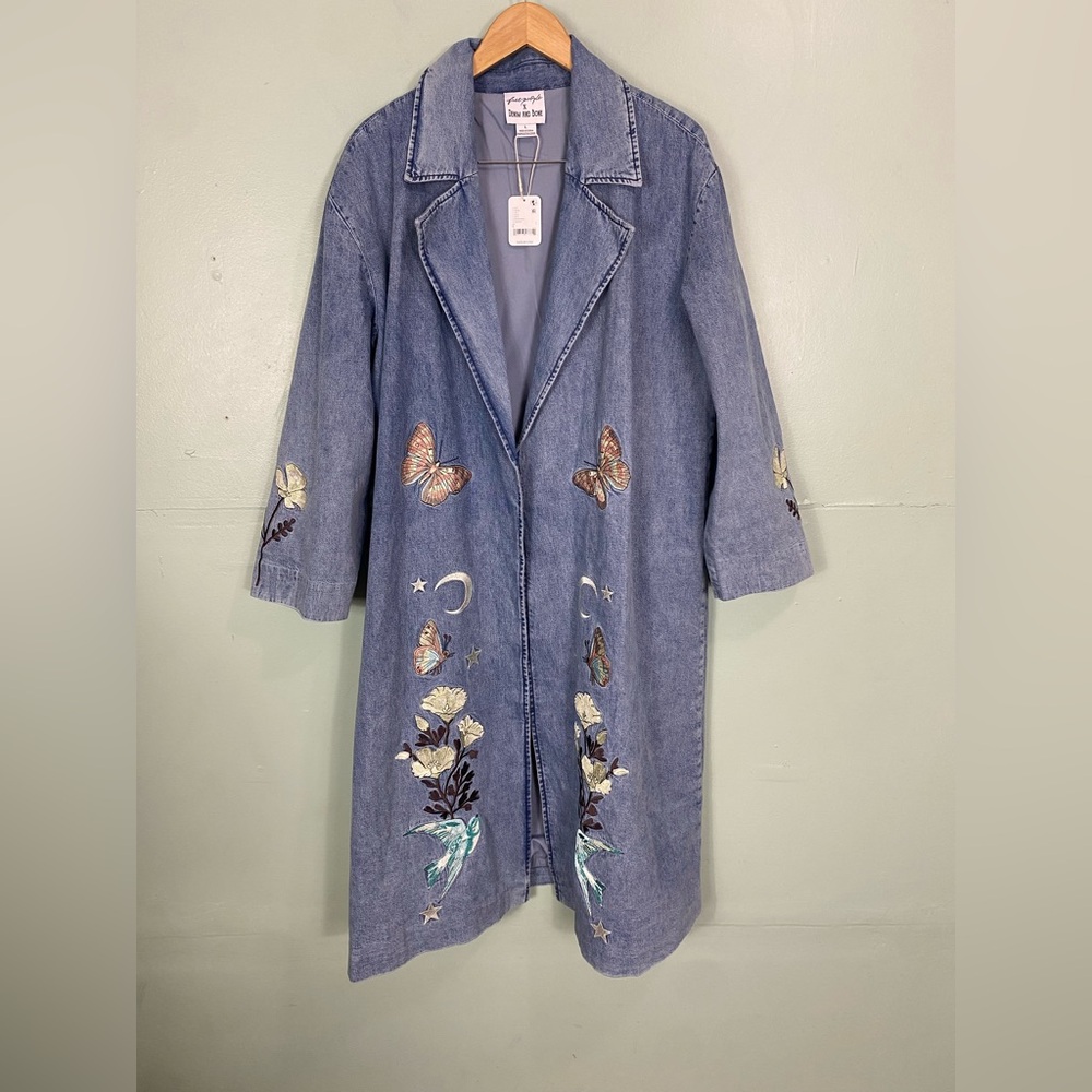 Free People Denim & Bone Buffalo Denim Duster Butterfly Floral Embroidered Sz‎ L - Picture 2 of 10